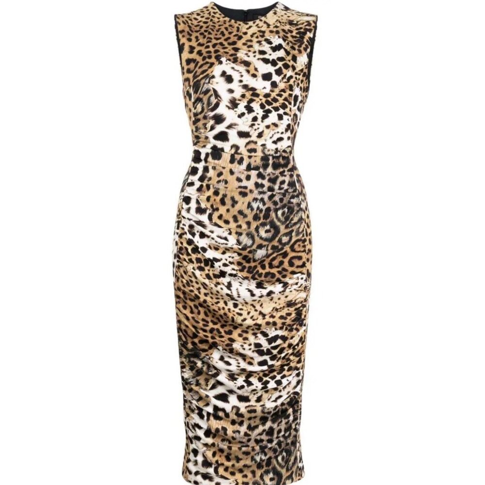 Roberto Cavalli Leopard-Print Ruched Sheath Dress – Size XL New with Tags